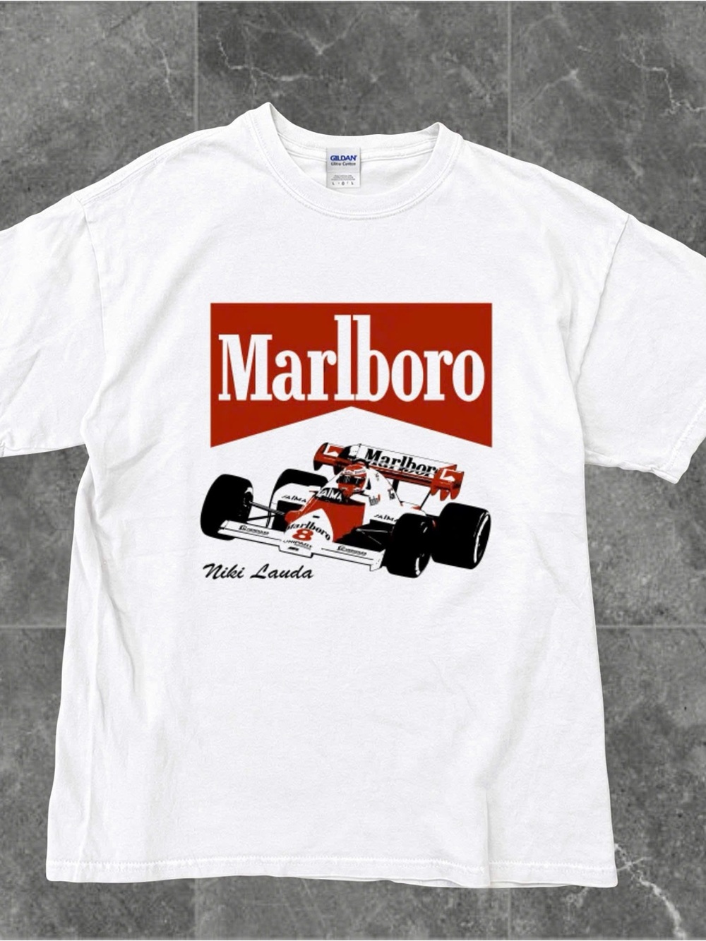 Gildan White Tee with Red Marlboro Racing Graphic